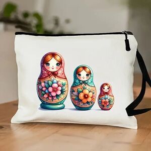 Matryoshka Nesting Doll Canvas Makeup Bag Cosmetic Tote Wristlet Travel 6 x 8-in
